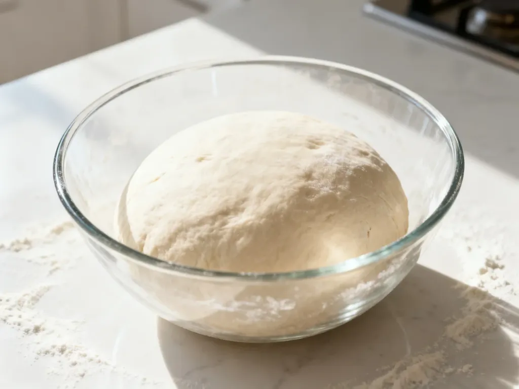 Gładka kula świeżego ciasta na pizzę w szklanej misce na oprószonym mąką blacie kuchennym.
